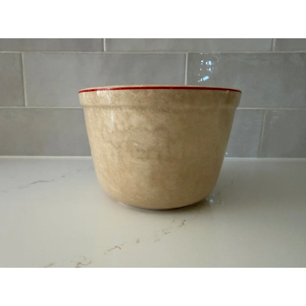 Universal Cambridge Small Mixing Bowl Red Cattails Stoneware Tan Vintage MCM